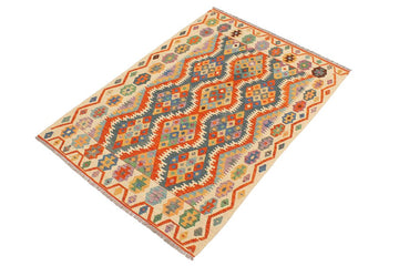 Flat Weave Kilim, Antique, Navaho, Vintage, Handmade, Geometric Kilim Rust Beige Hand-Woven Rectangle 100% Wool Area Rug 4 x 6